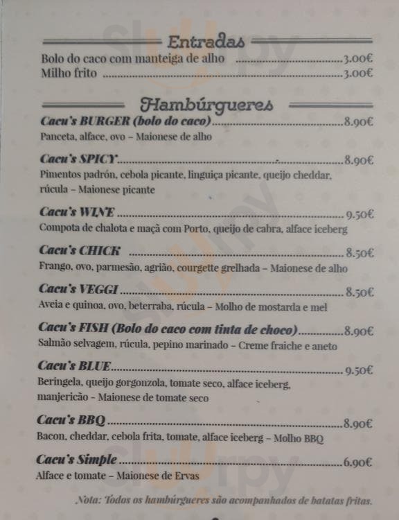 Cacu's Burger Vila Nova de Gaia Menu - 1