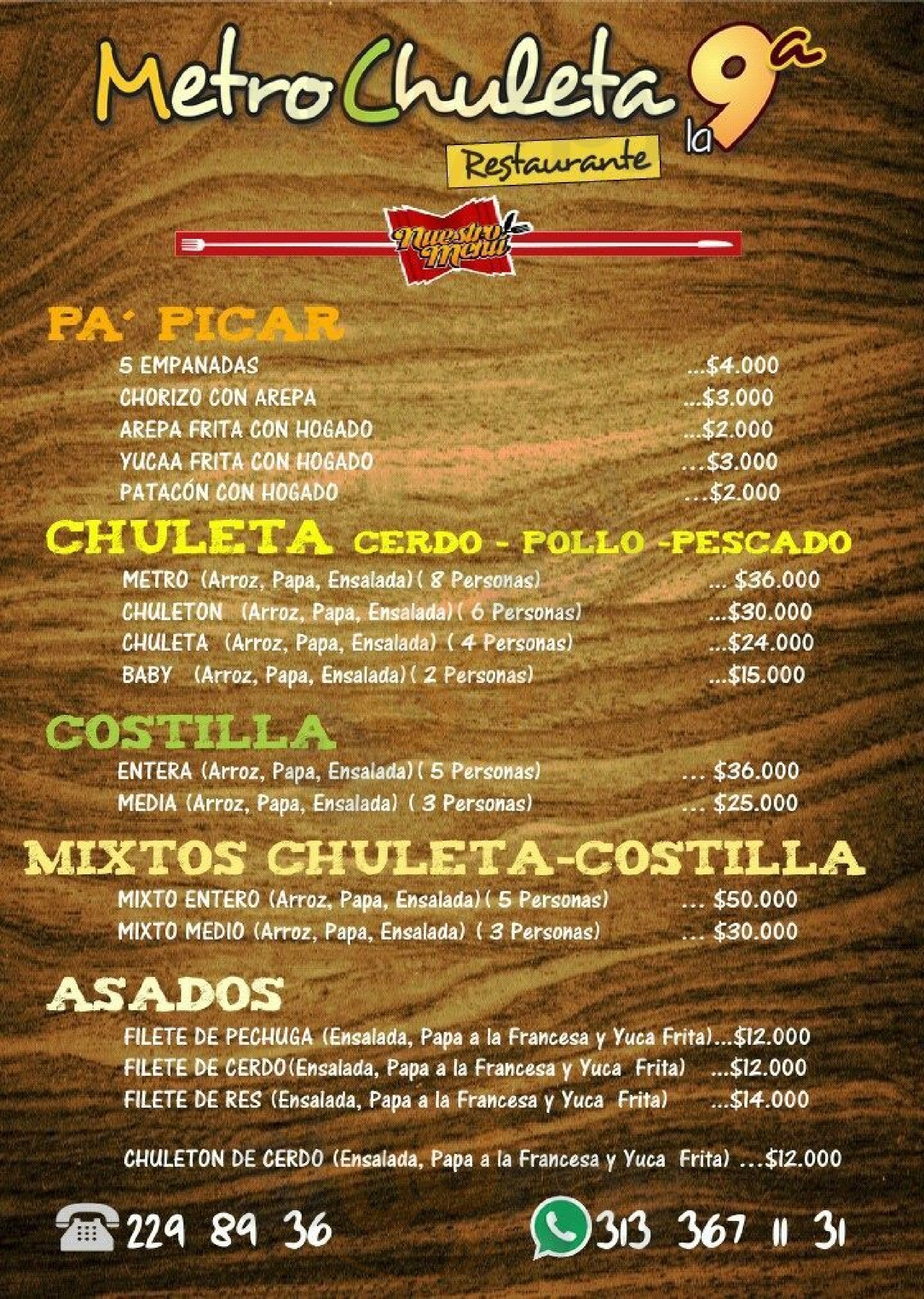 Metro Chuleta Parrilla, Café, Bar Roldanillo Menu - 1