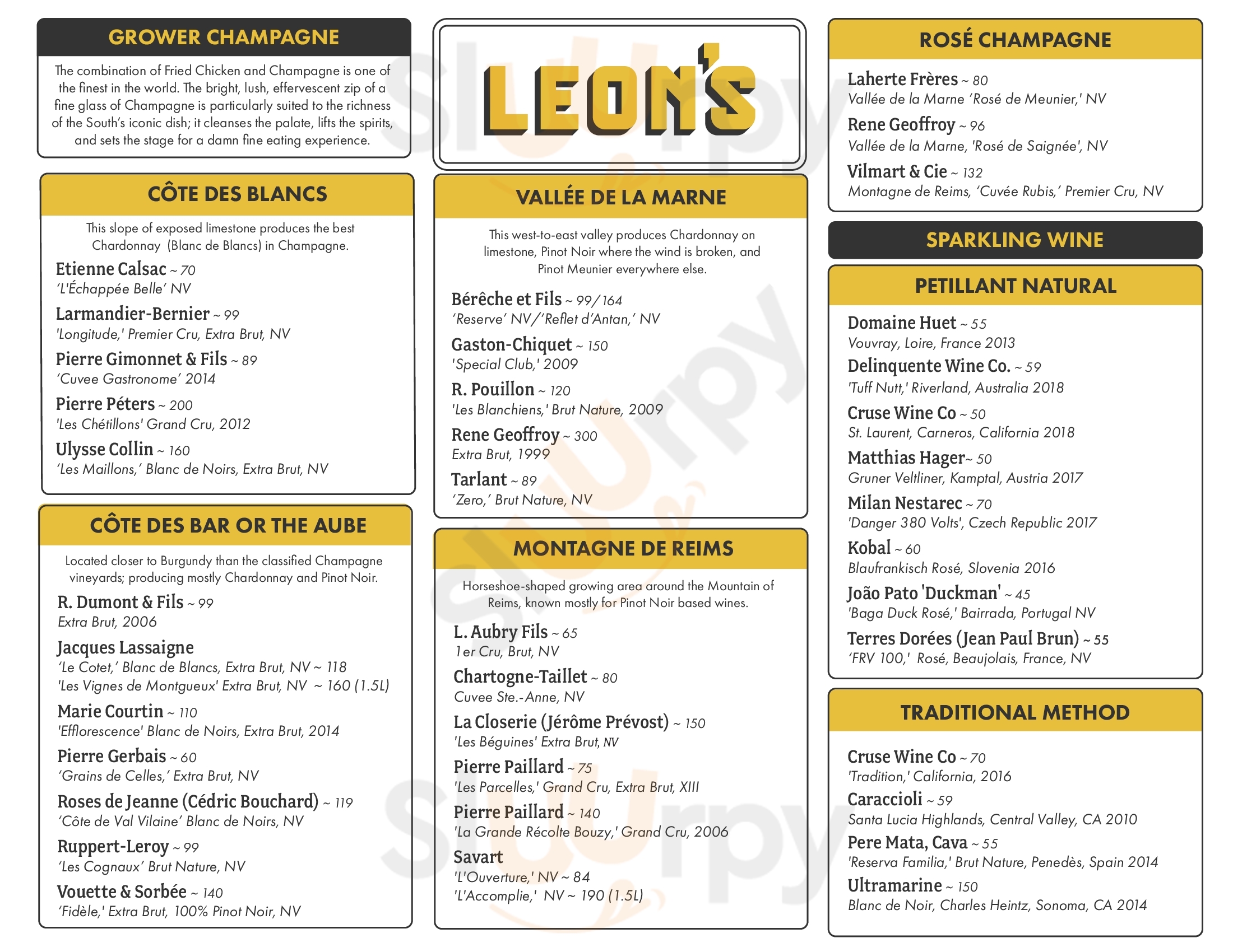 Leon's Fine Poultry & Oysters Charleston Menu - 1