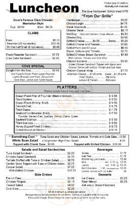 The Cove Restaurant menu