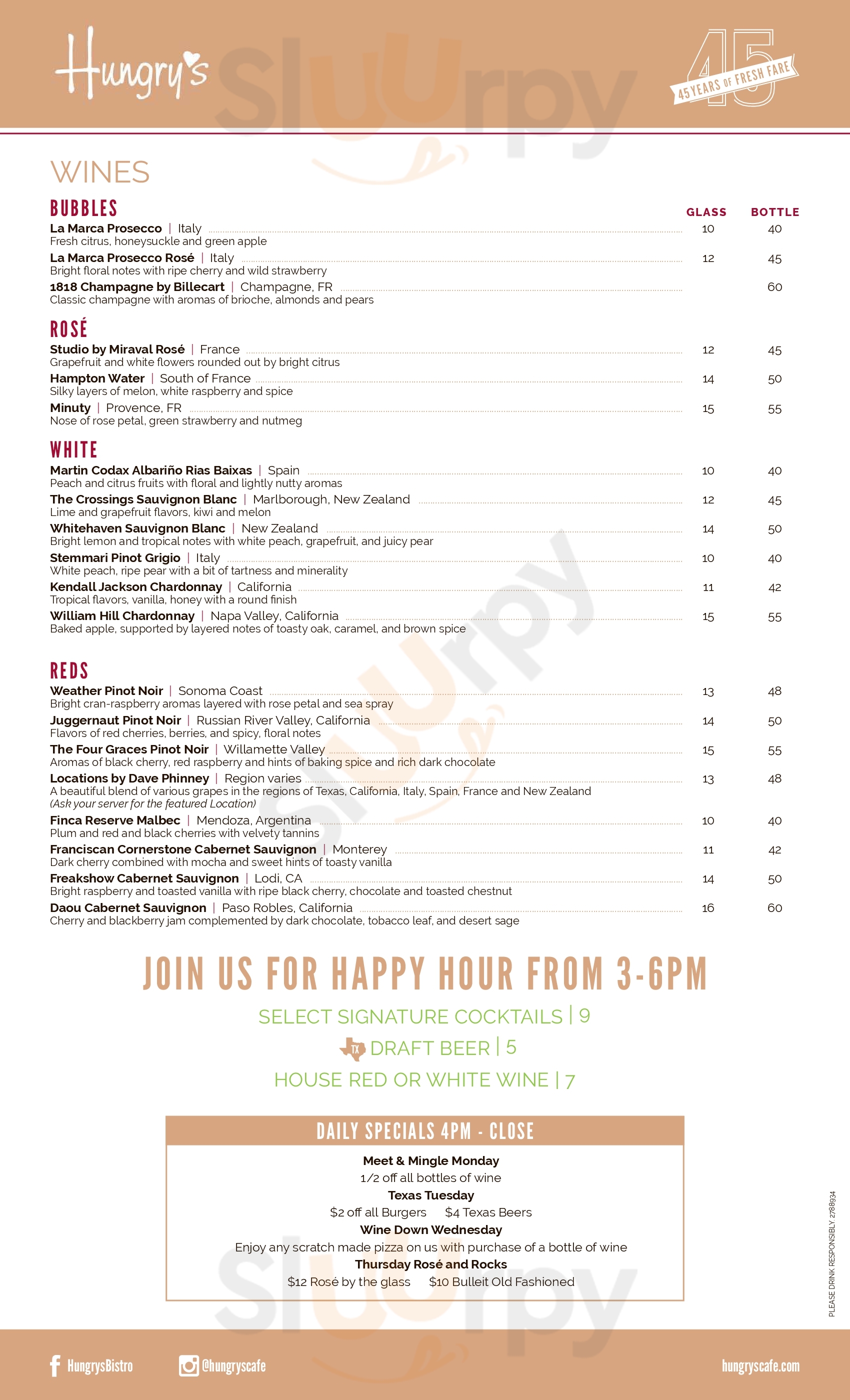 Main Menu - Upstairs Bar & Lounge