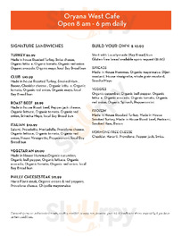 Oryana menu