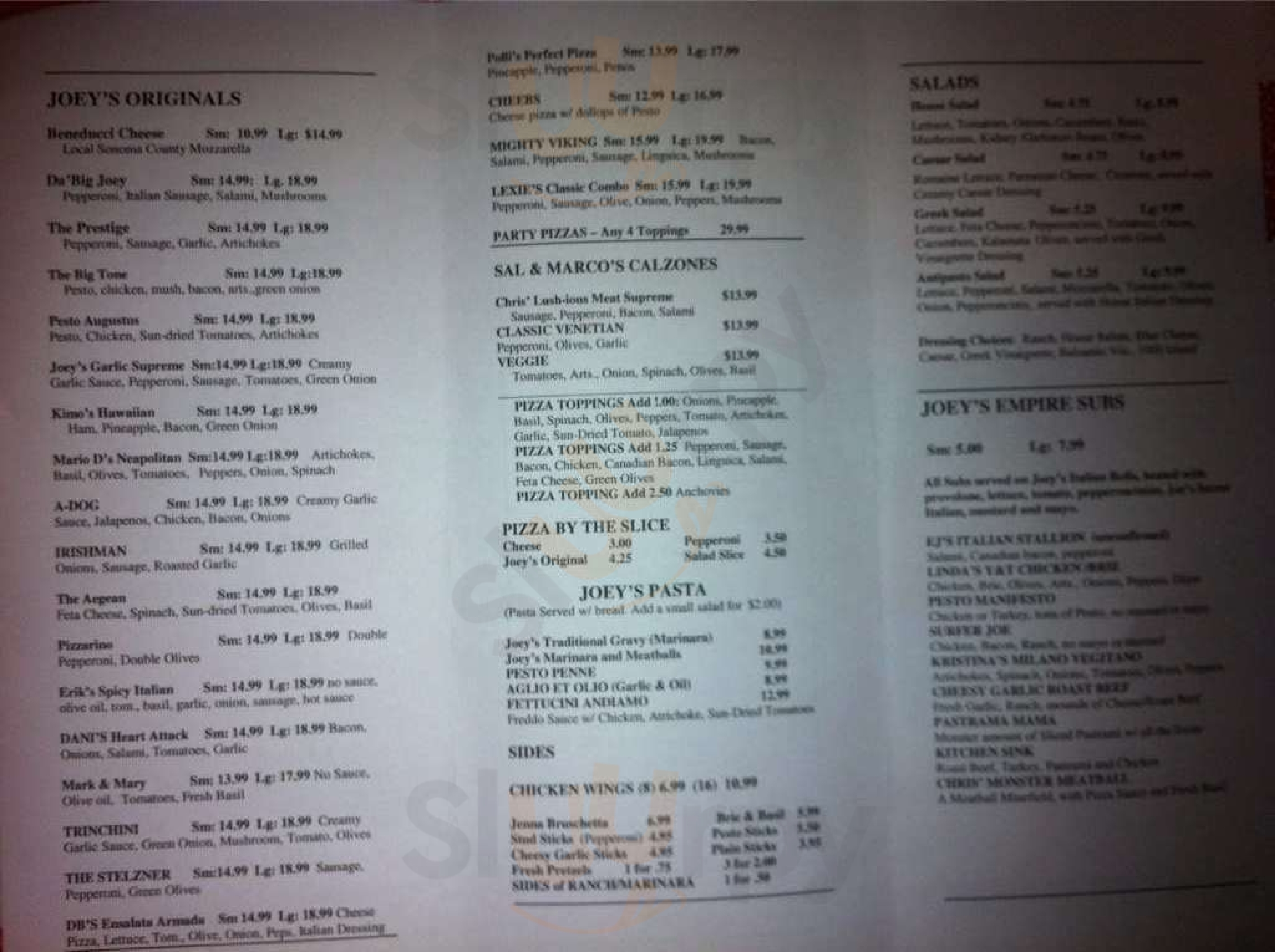 Joey's Original Pizza Santa Rosa Menu - 1