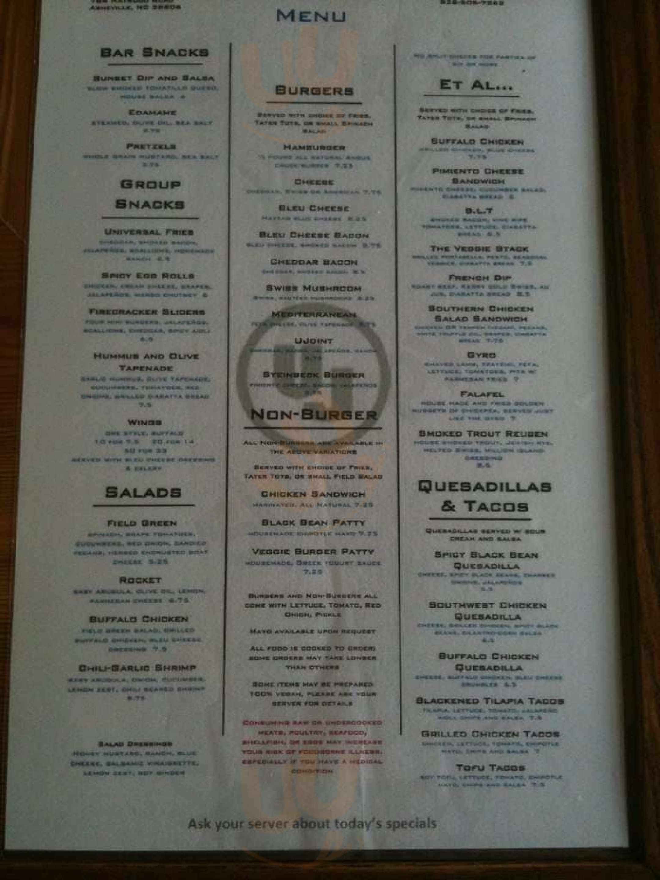 Universal Joint Asheville Menu - 1