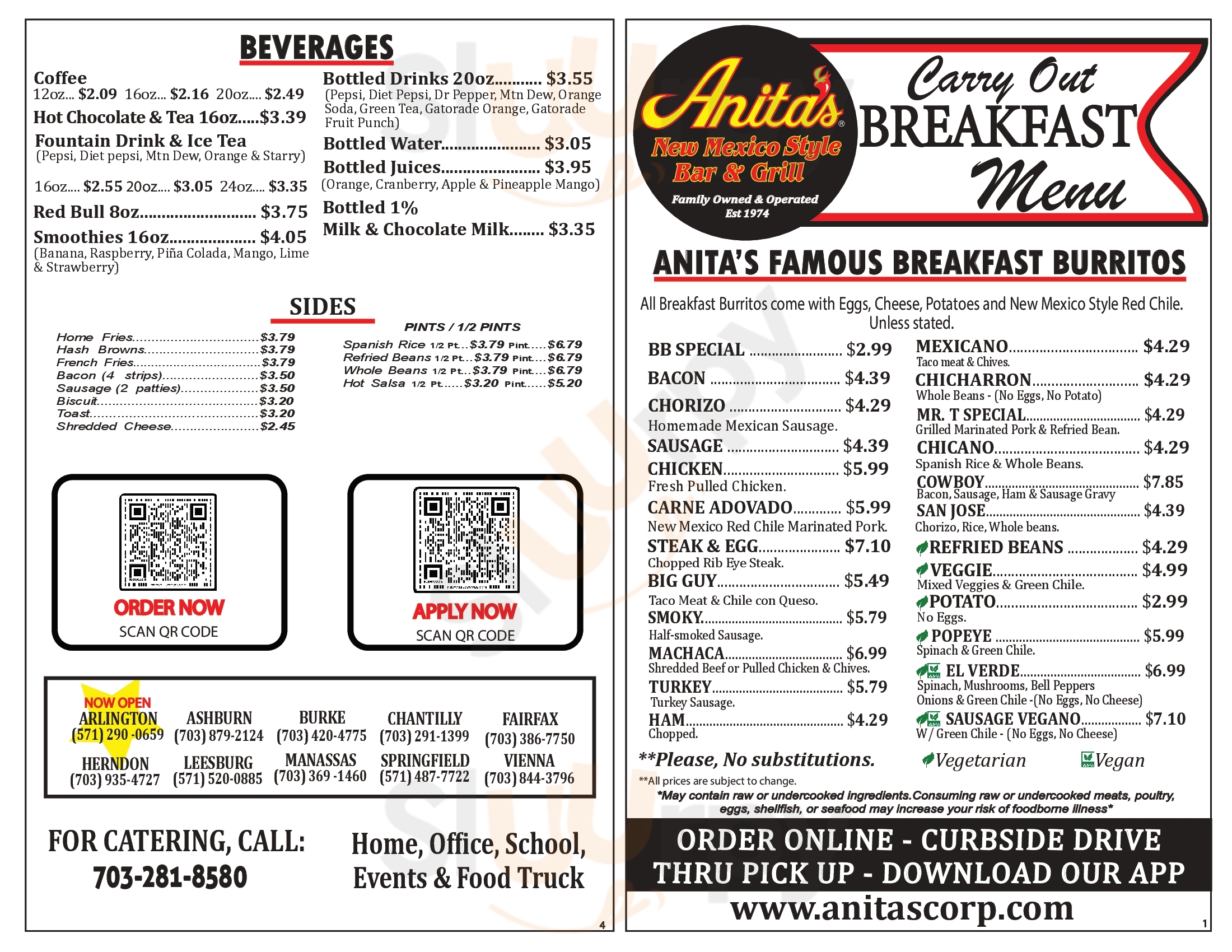 Anita's New Mexico Style Mexican Foods Inc. Chantilly Menu - 1