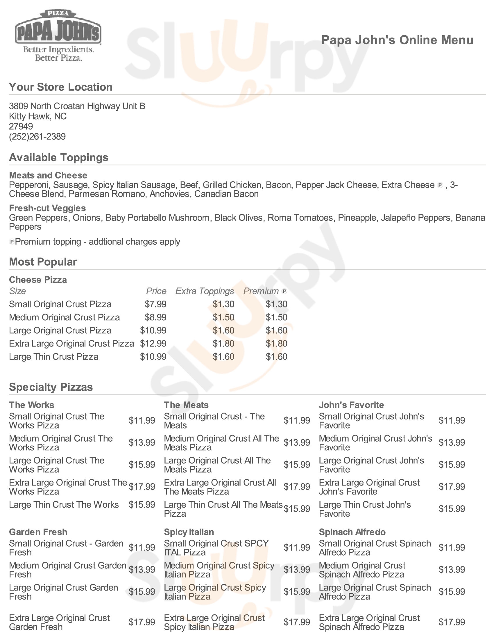 Papa Johns Pizza Mount Pleasant Menu - 1