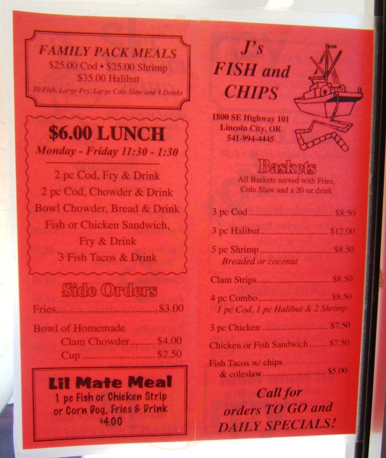 J's Fish & Chips Lincoln City Menu - 1