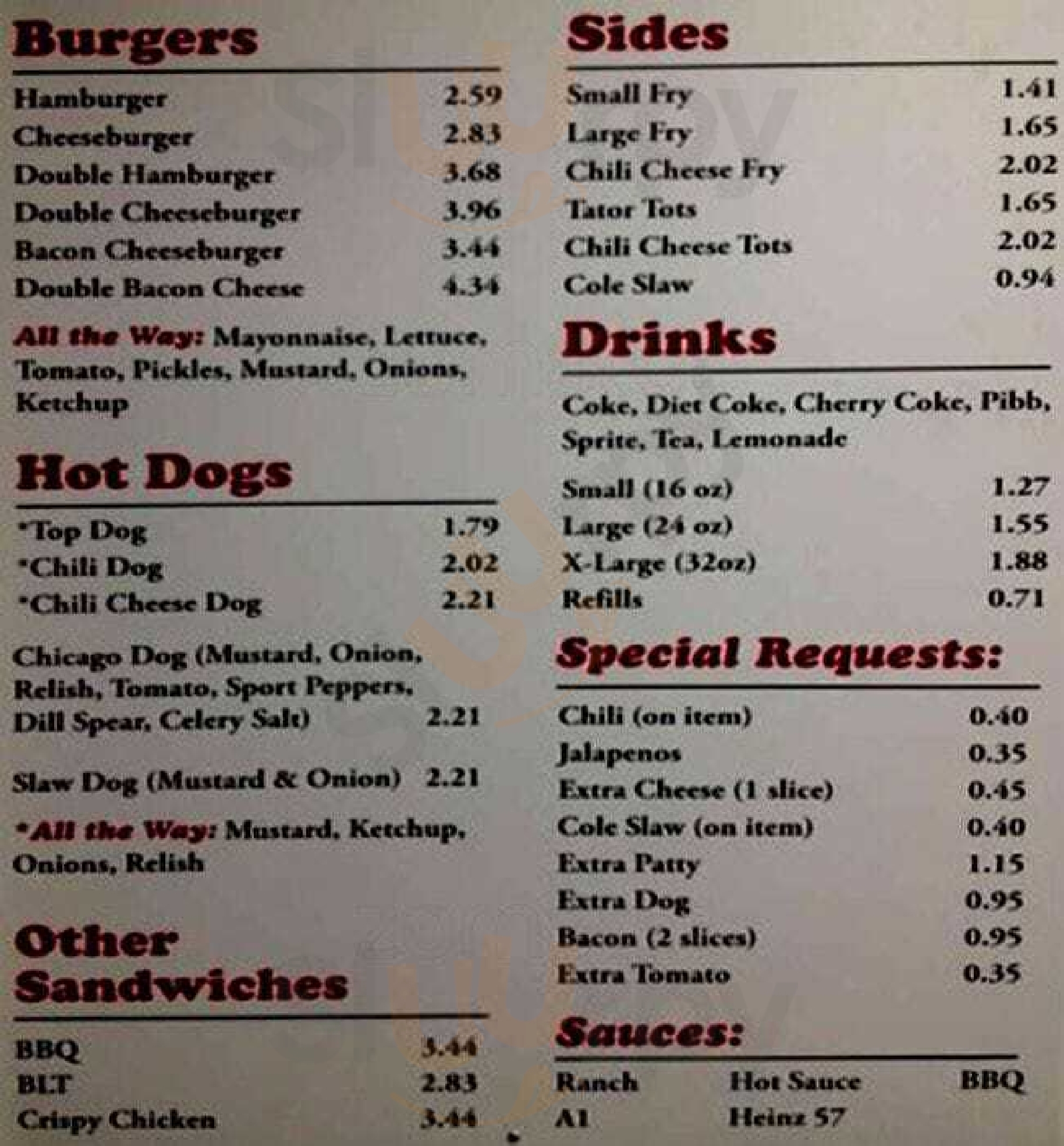 Top's Hamburgers Niceville Menu - 1