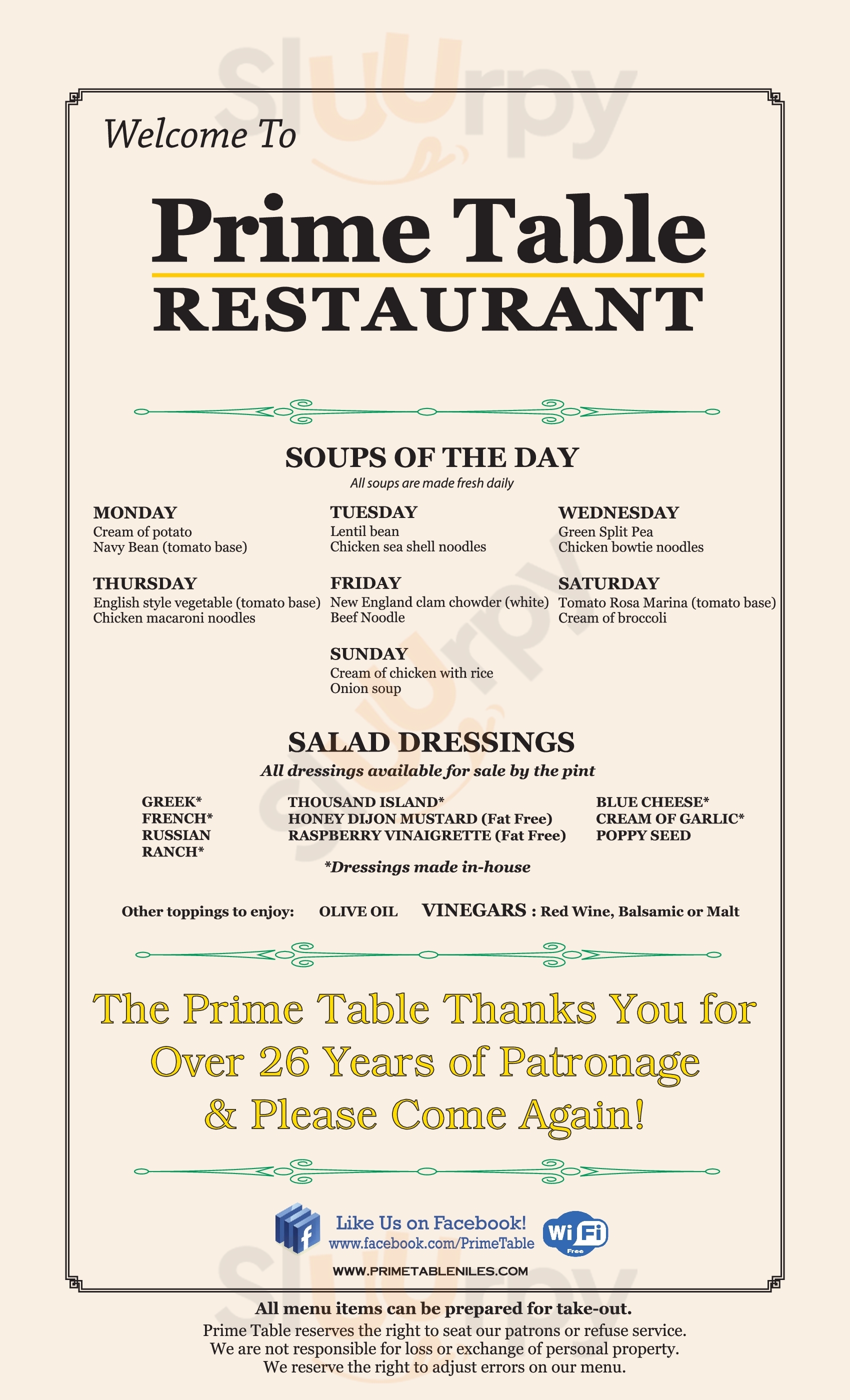 Prime Table Restaurant Niles Menu - 1
