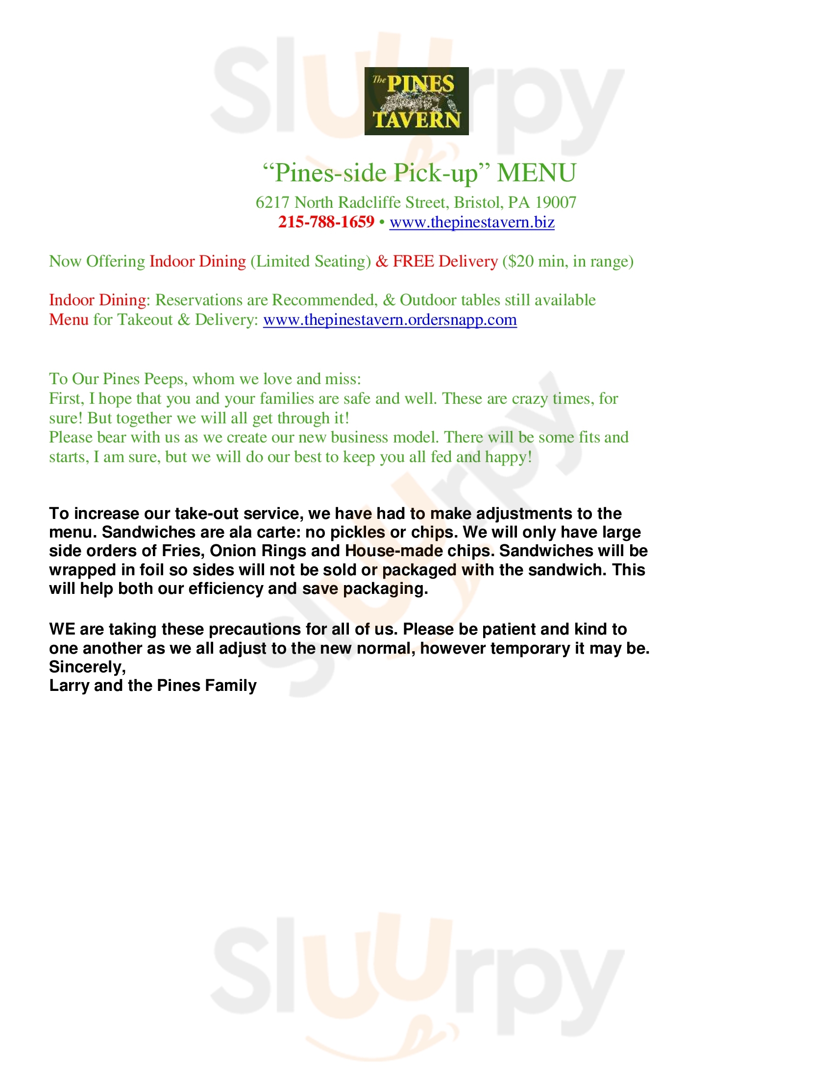 Main Menu - The Pines Tavern