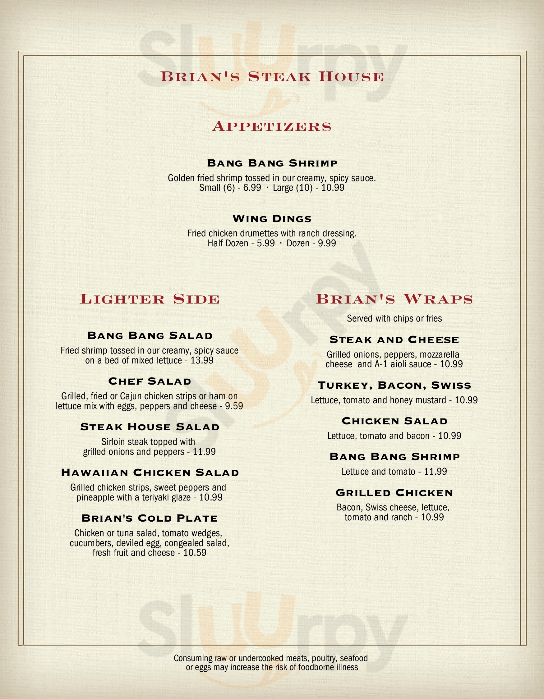 Brian's Steak House South Hill Menu - 1