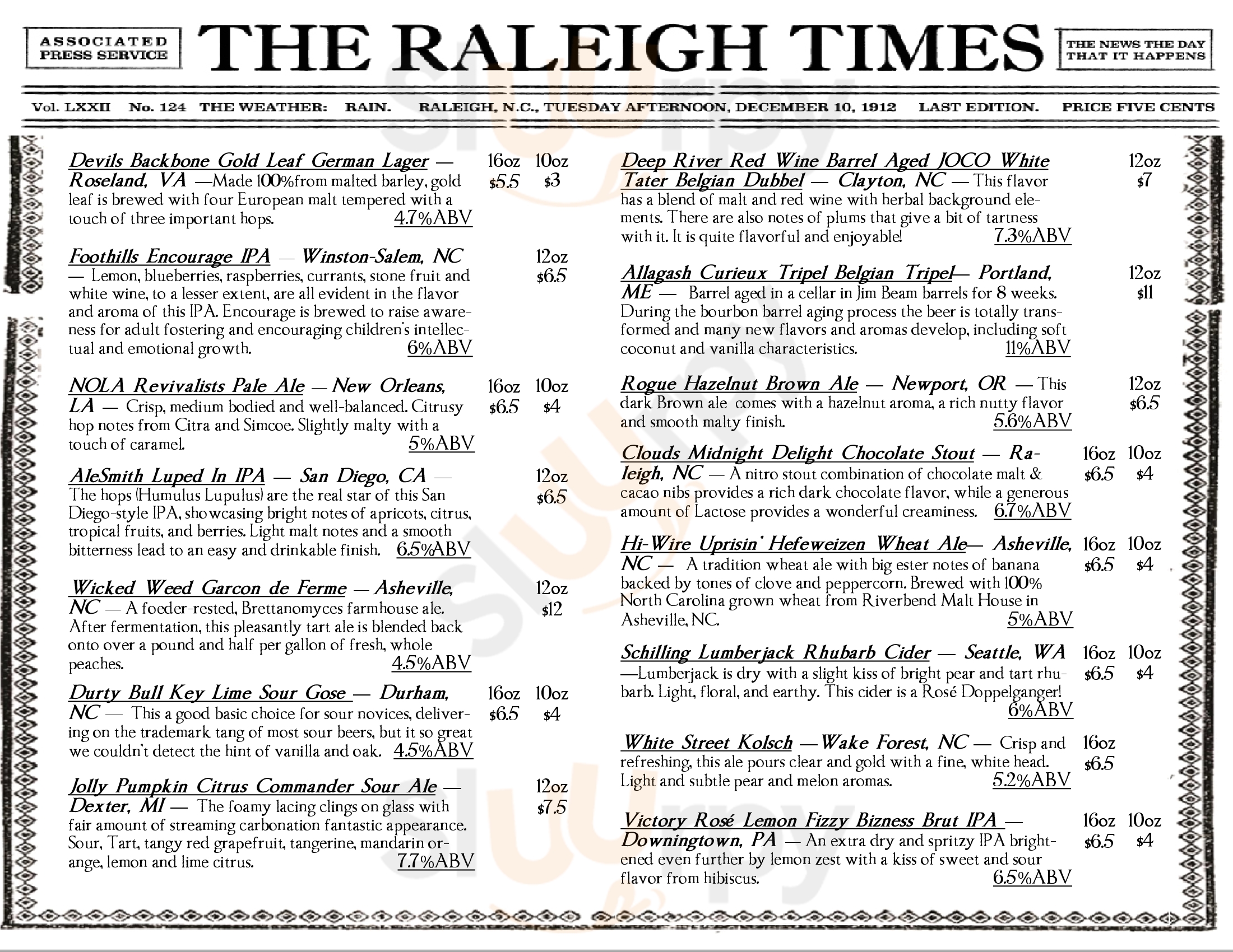 The Raleigh Times Bar Raleigh Menu - 1