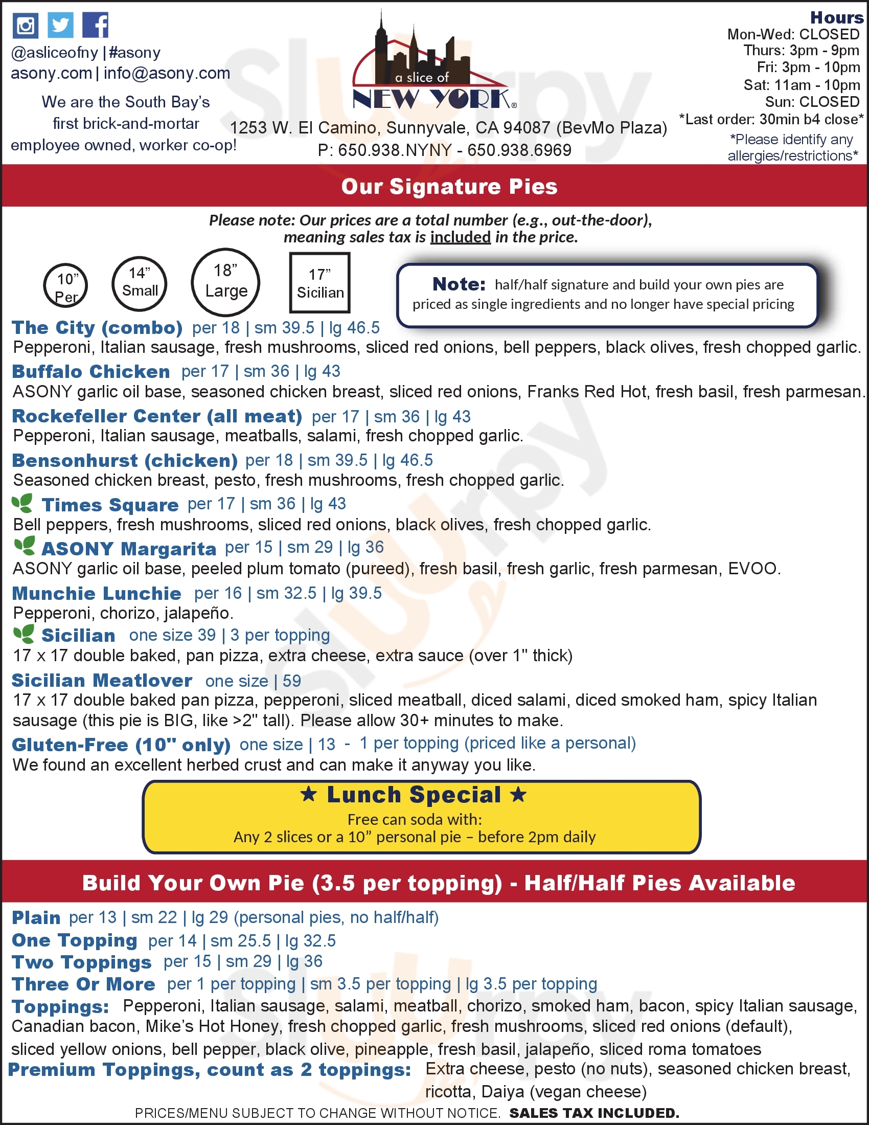 Main Menu - A Slice Of New York Pizza