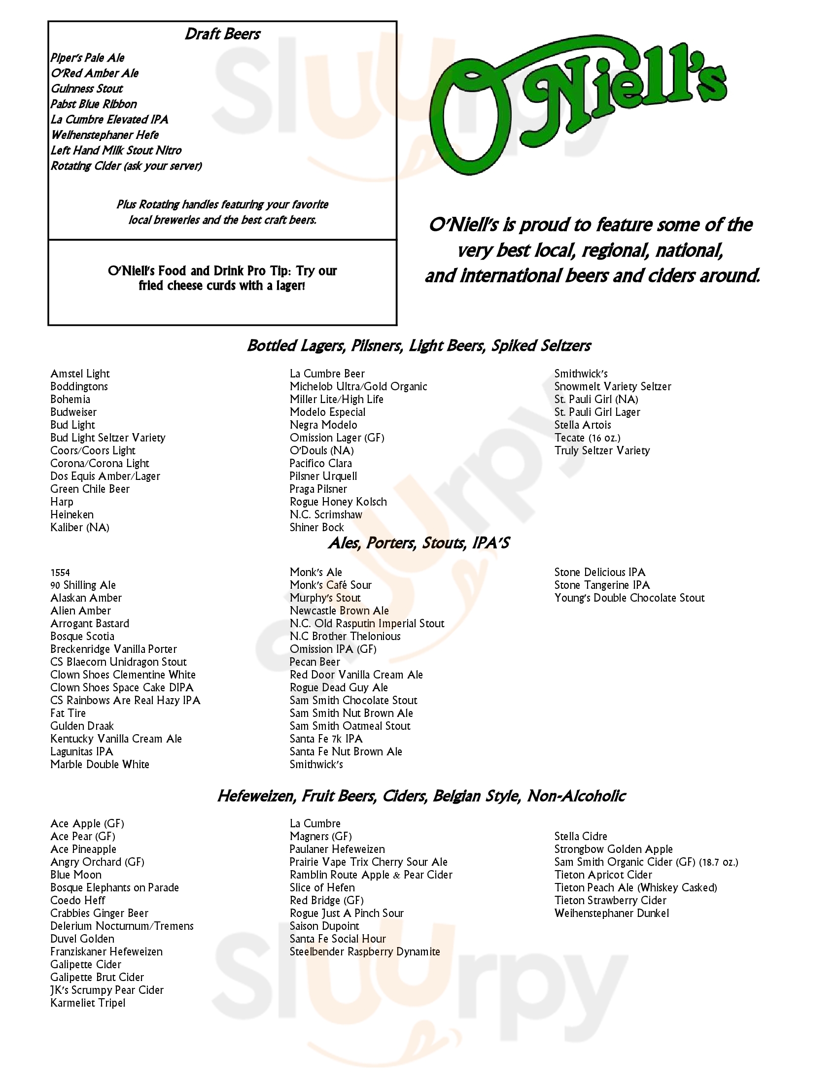 Main Menu - O'niell's Pub