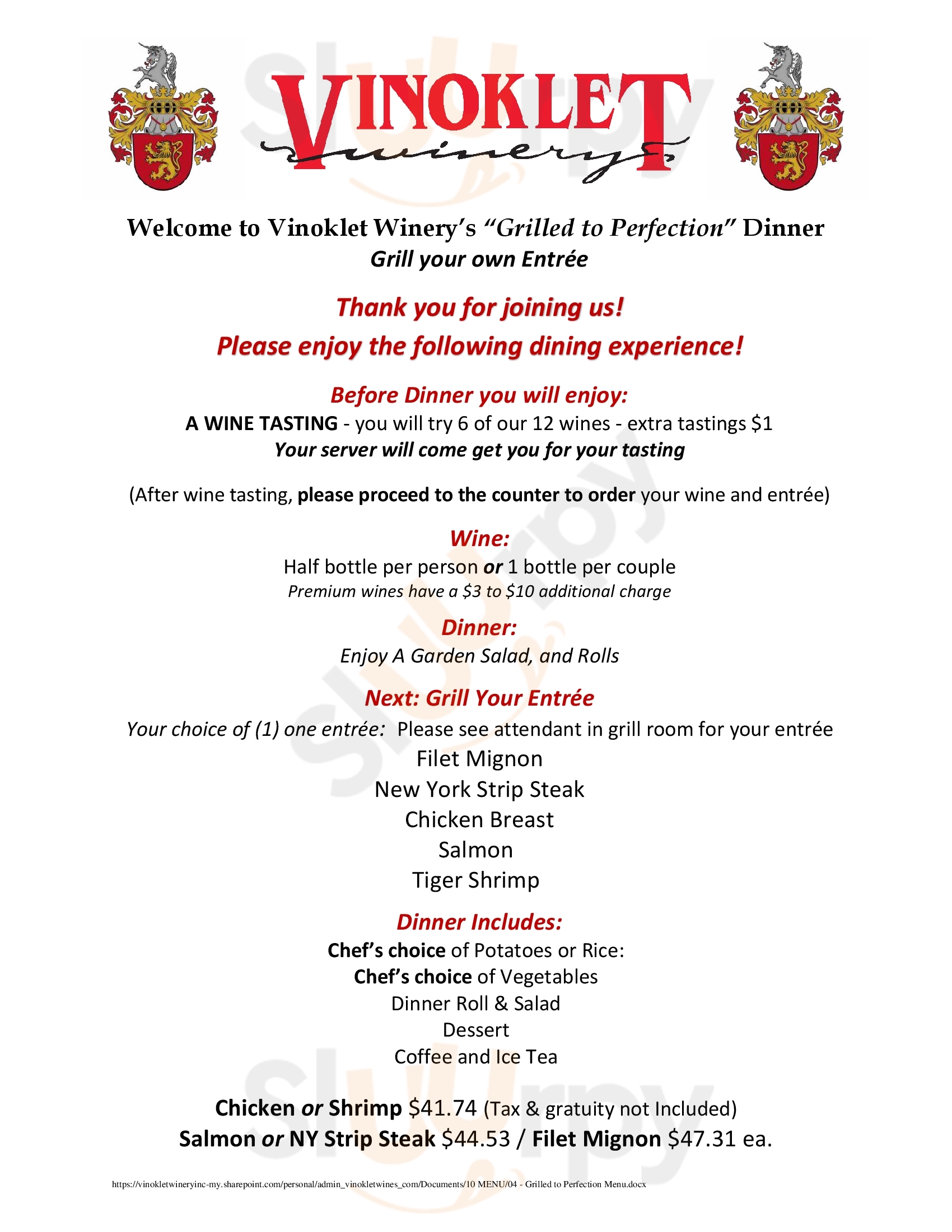 Main Menu - Vinoklet Winery, Restaurant & Vineyard