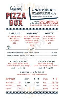Oakwood Pizza Box menu