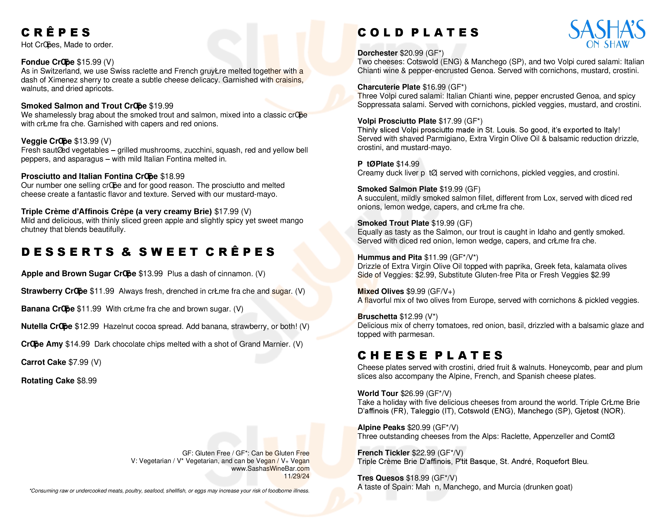 Main Menu - Sasha's On Shaw