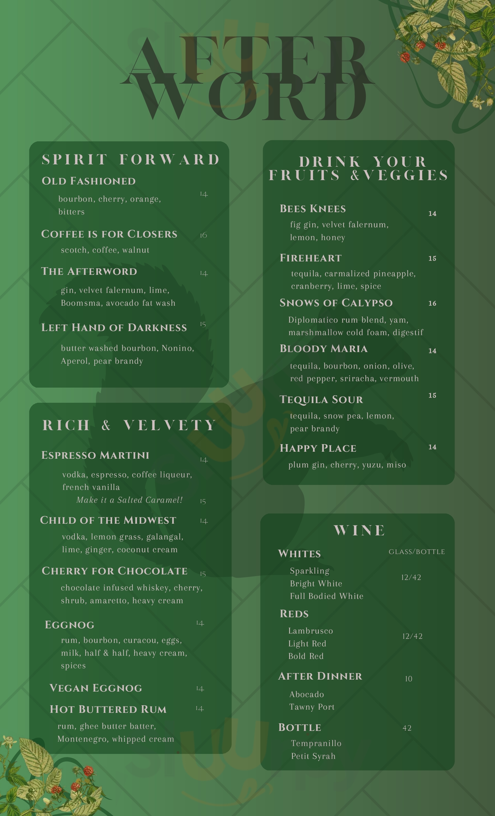 Main Menu - Afterword Tavern And Shelves