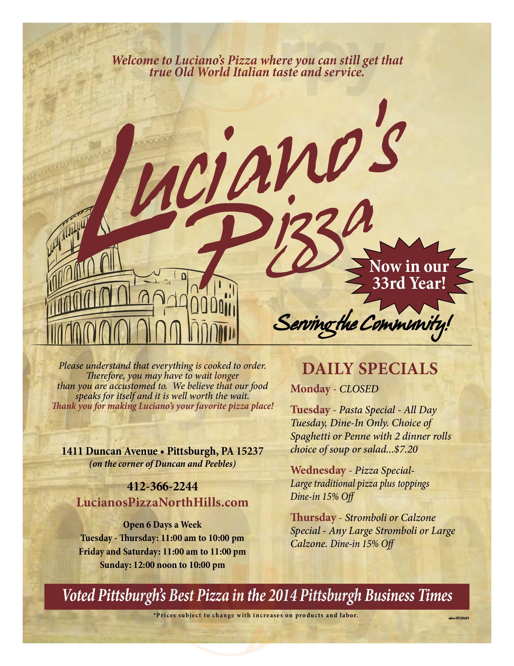 Luciano's Pizza & Six Pack Incorporated Pittsburgh Menu - 1