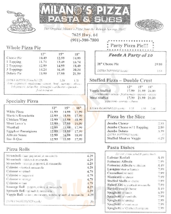 Main Menu - Milano's Pizza