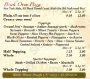 Zio's Brick Oven Pizza menu