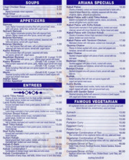 Ariana Afghan Kabab Restaurant menu