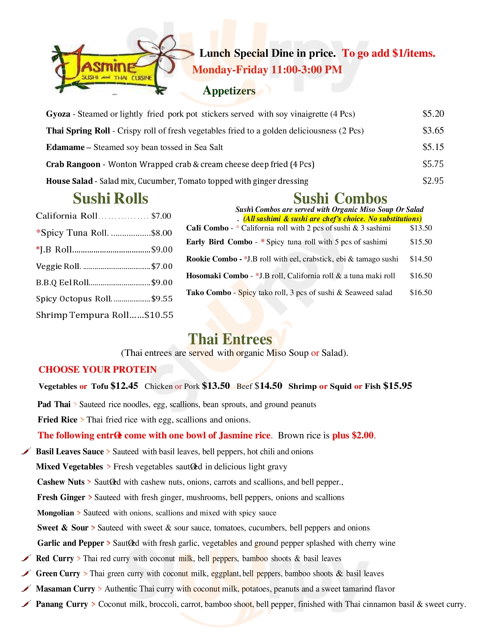 Main Menu - Jasmine Sushi And Thai Cuisine