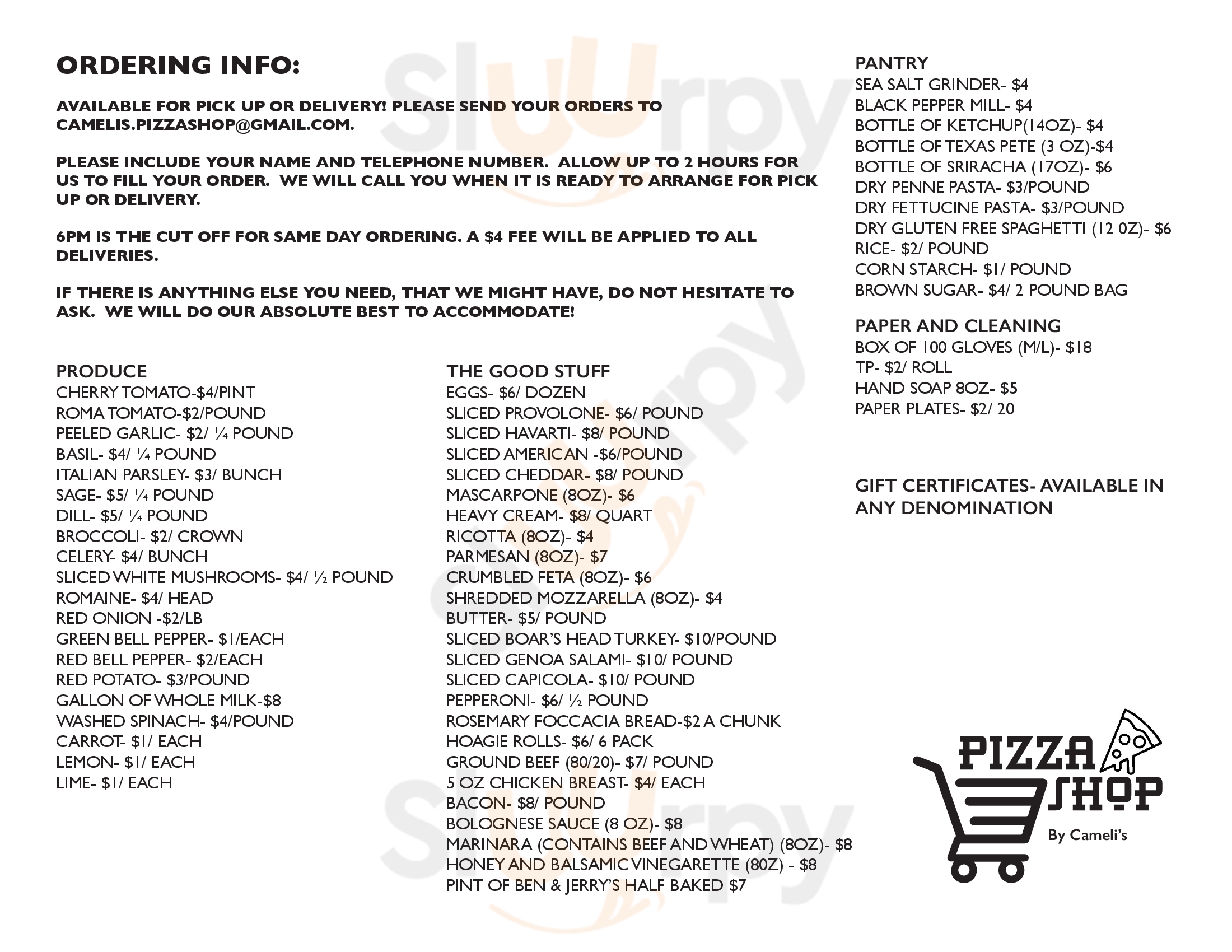 Main Menu - Cameli's Gourmet Pizza Joint