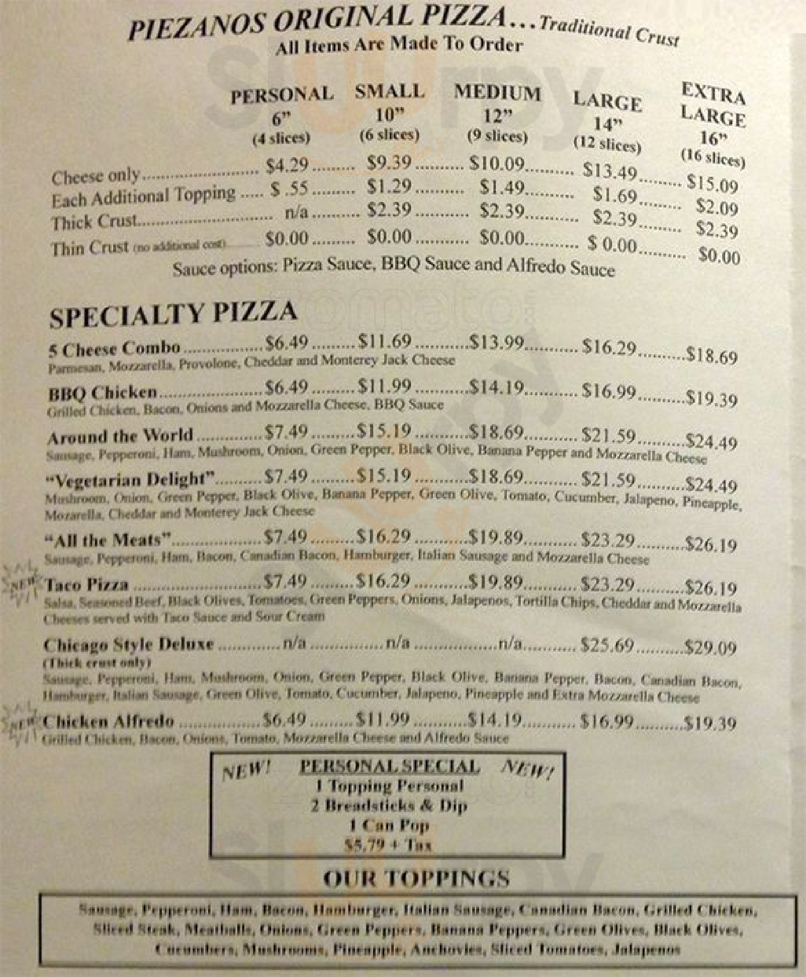 Piezanos Pizza Indianapolis Menu - 1