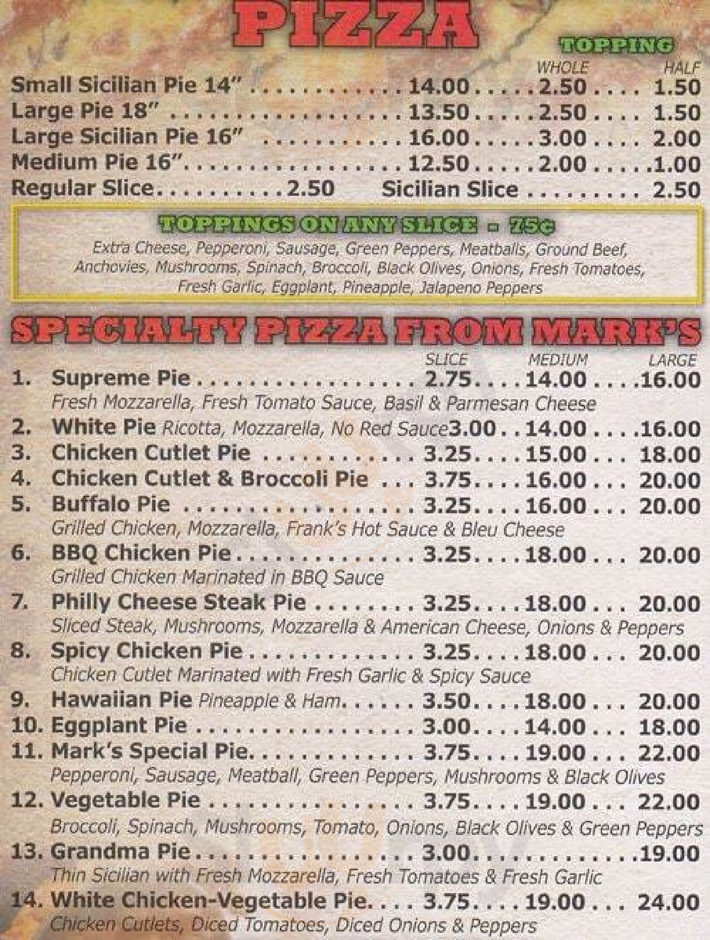 Main Menu - Mark's Red Hook Pizza