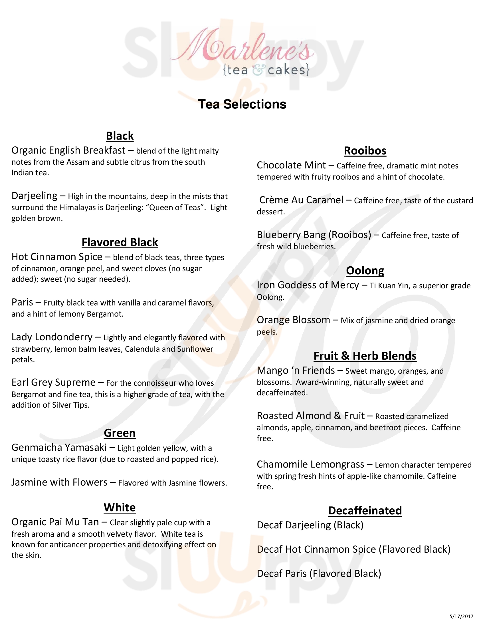 Main Menu - Marlene's Tea And Cakes