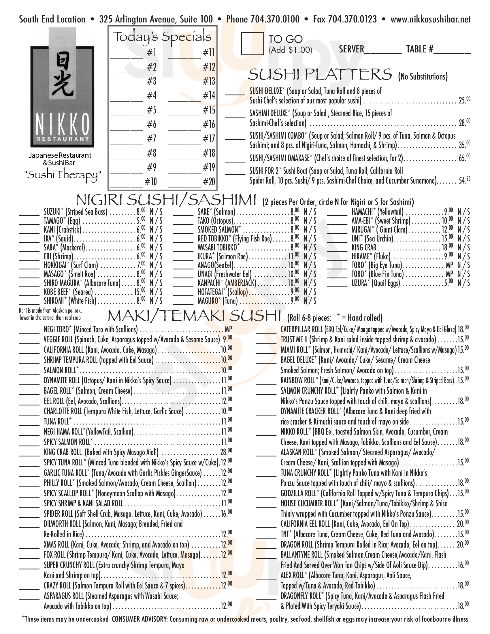 Main Menu - Nikko Japanese Restaurant & Sushi Bar