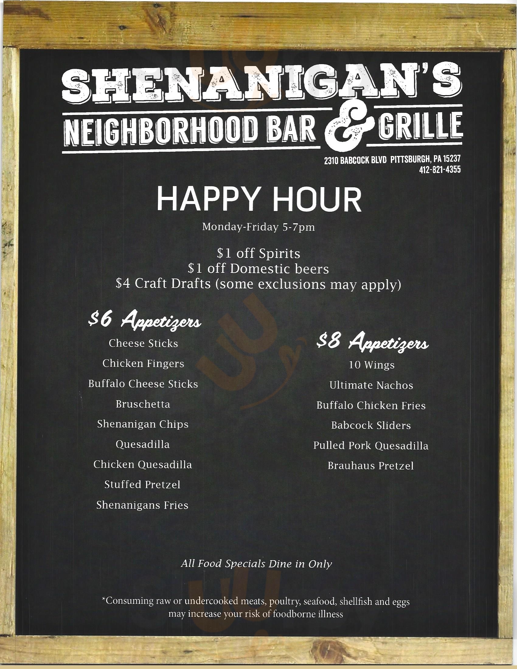 Main Menu - Shenanigan's Bar And Grille