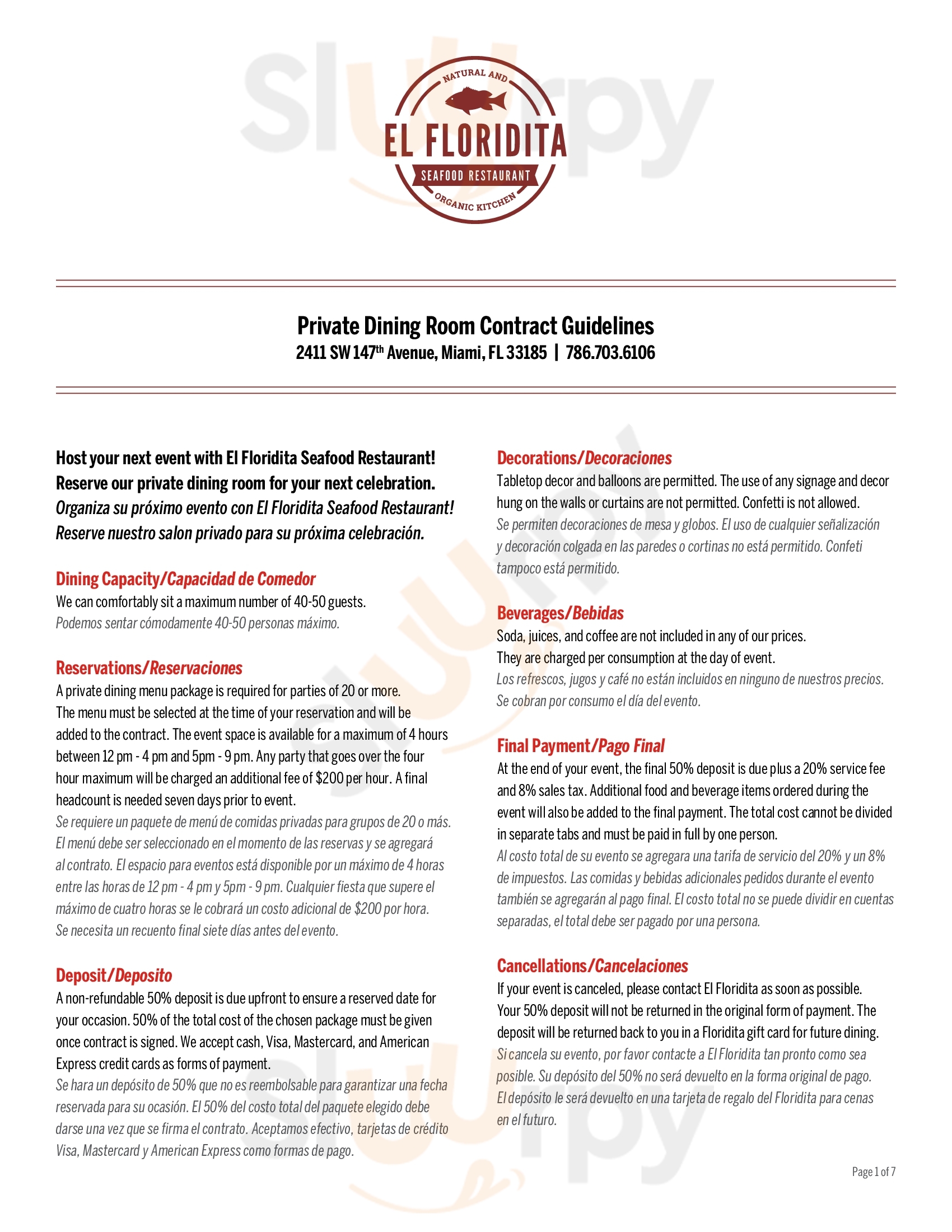 Main Menu - El Floridita Seafood Restaurant - Coral Way