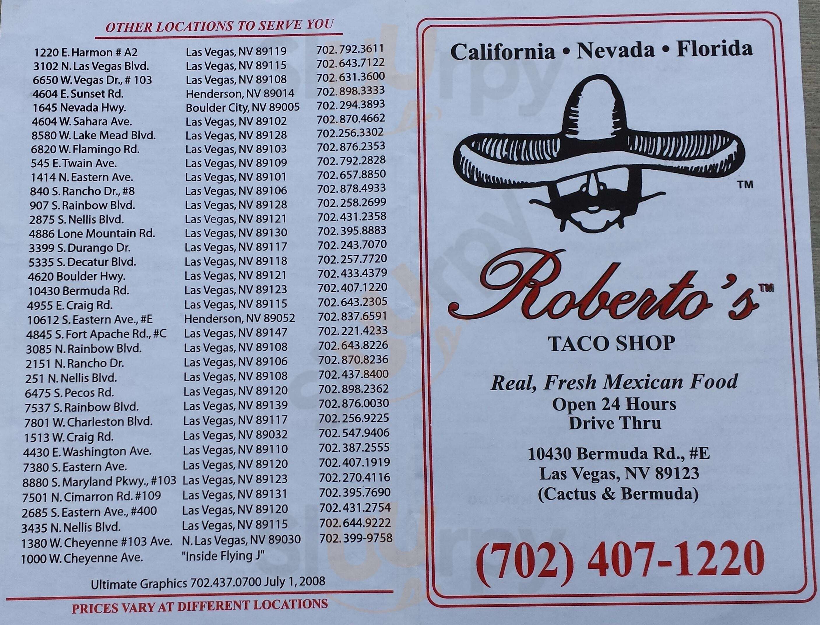 Roberto's Taco Shop Las Vegas Menu - 1