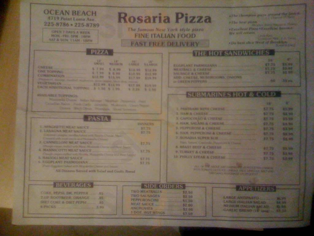 Rosaria's Pizza 4 San Diego Menu - 1