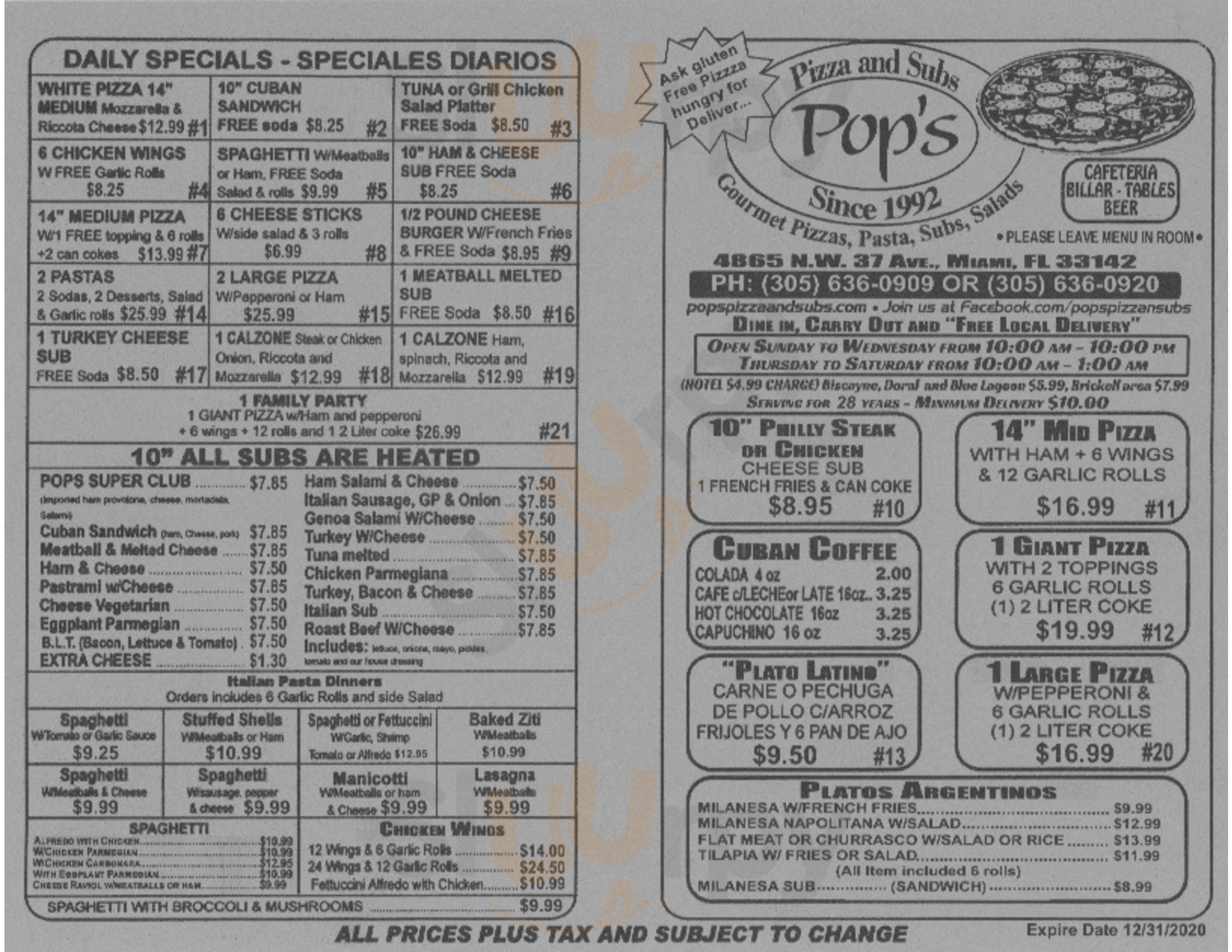 Main Menu - Pop's Pizza And Subs