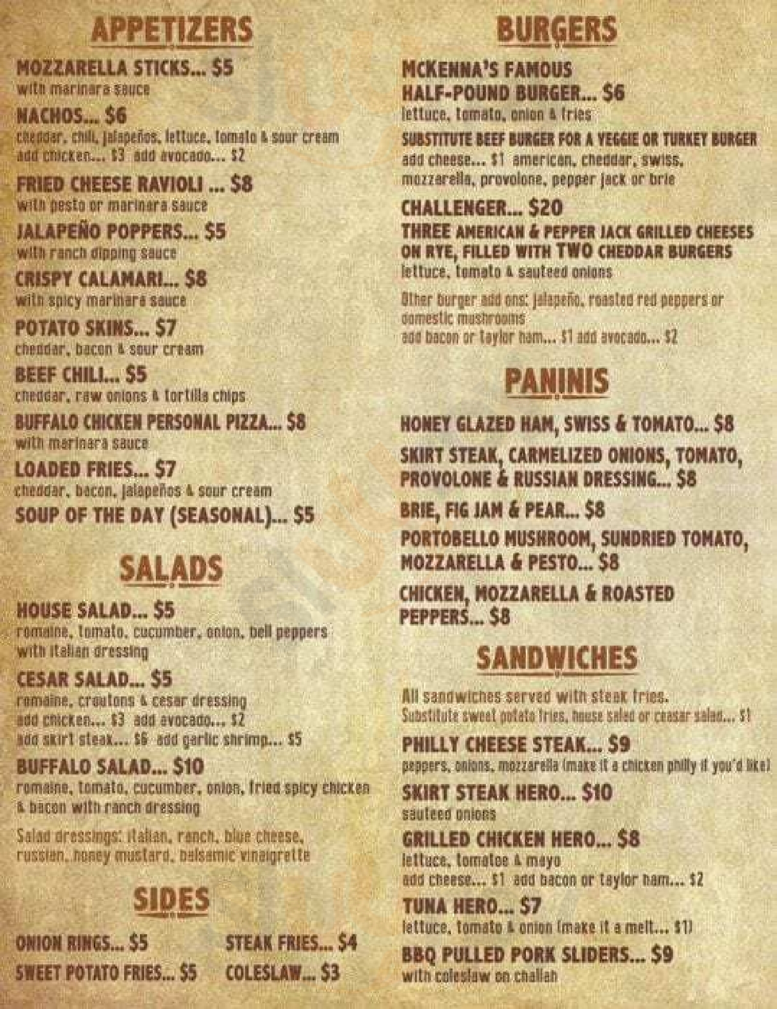 Mckenna's Pub New York City Menu - 1