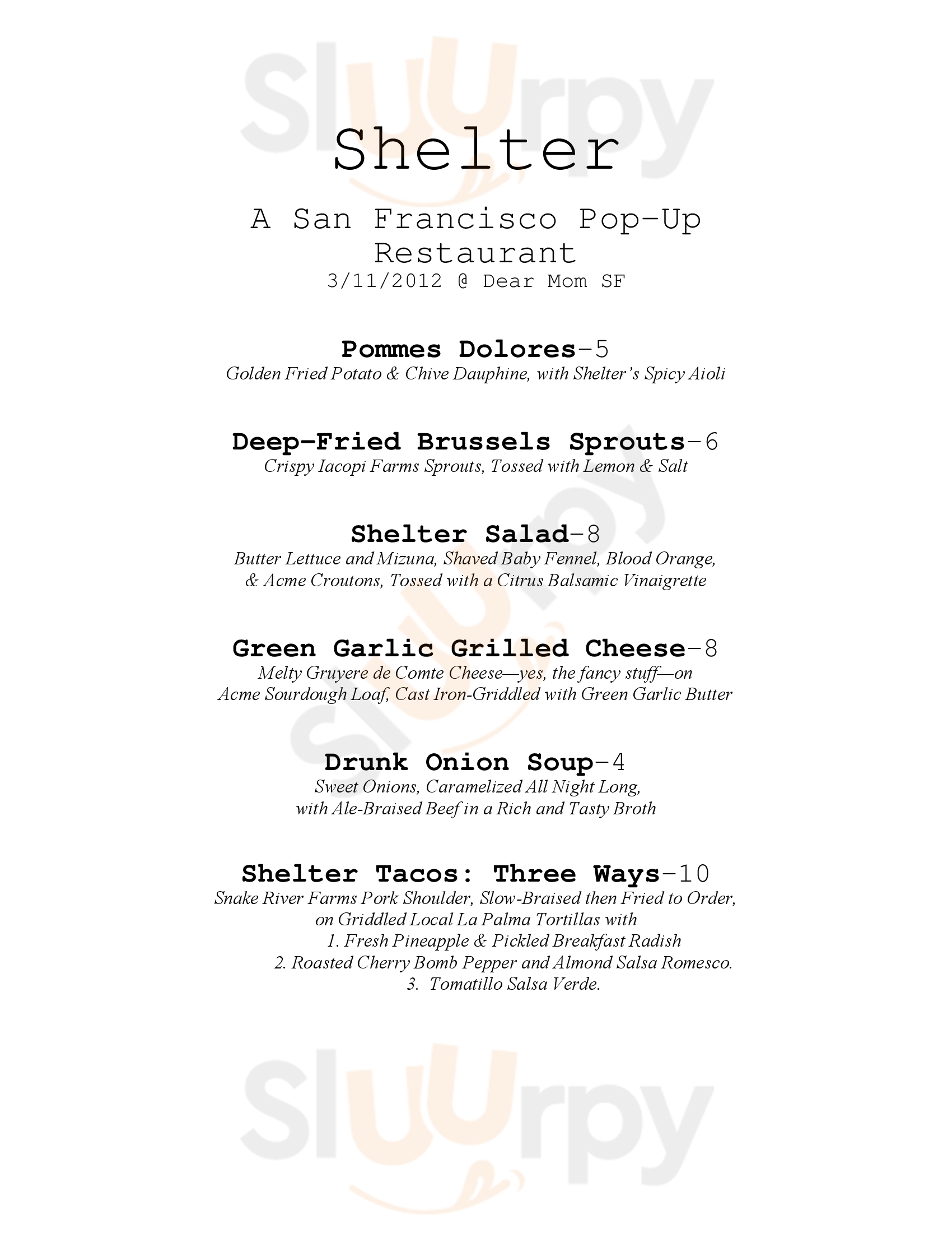 Shelter Pop-up Restaurant San Francisco Menu - 1