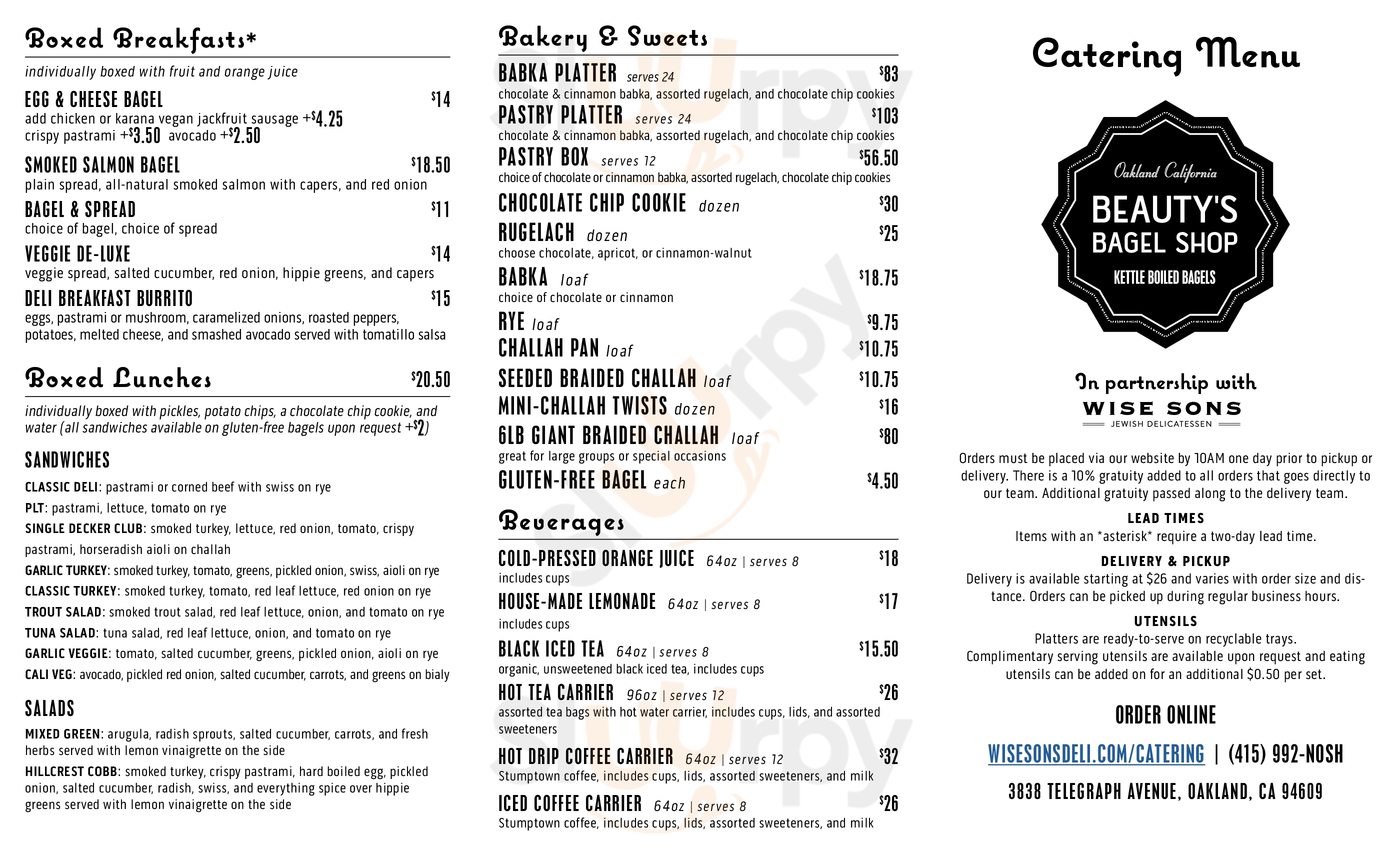 Main Menu - Beauty's Bagel Shop