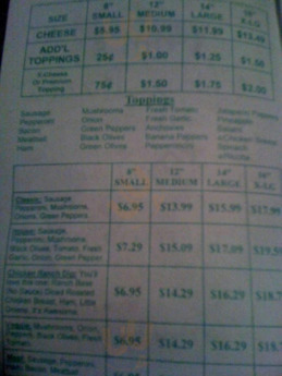 Paul's Chicago Pizza menu