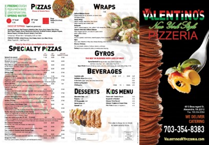 Valentino's New York Style menu