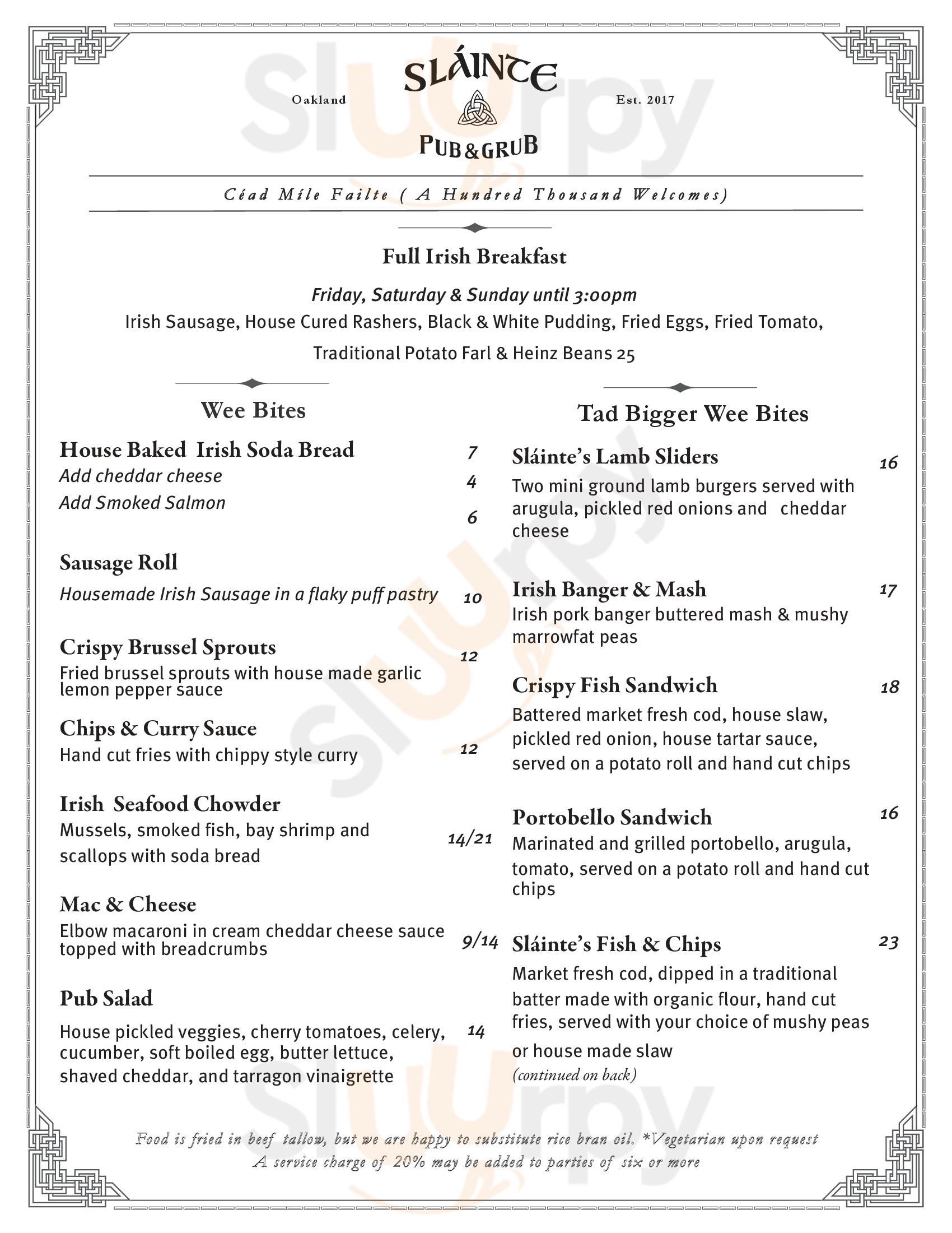 Slainte Oakland Menu - 1