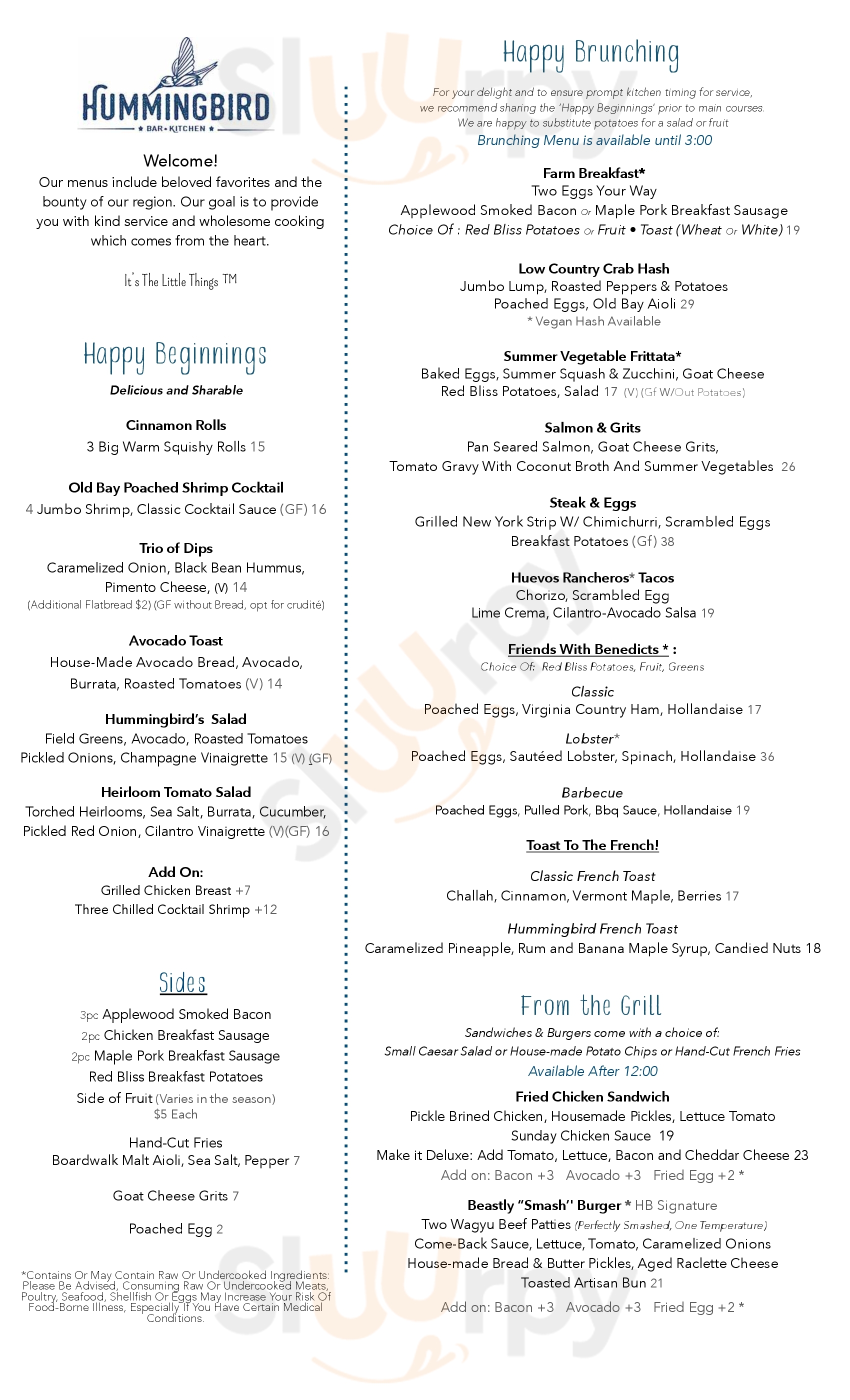 Main Menu - Hummingbird Bar And Kitchen