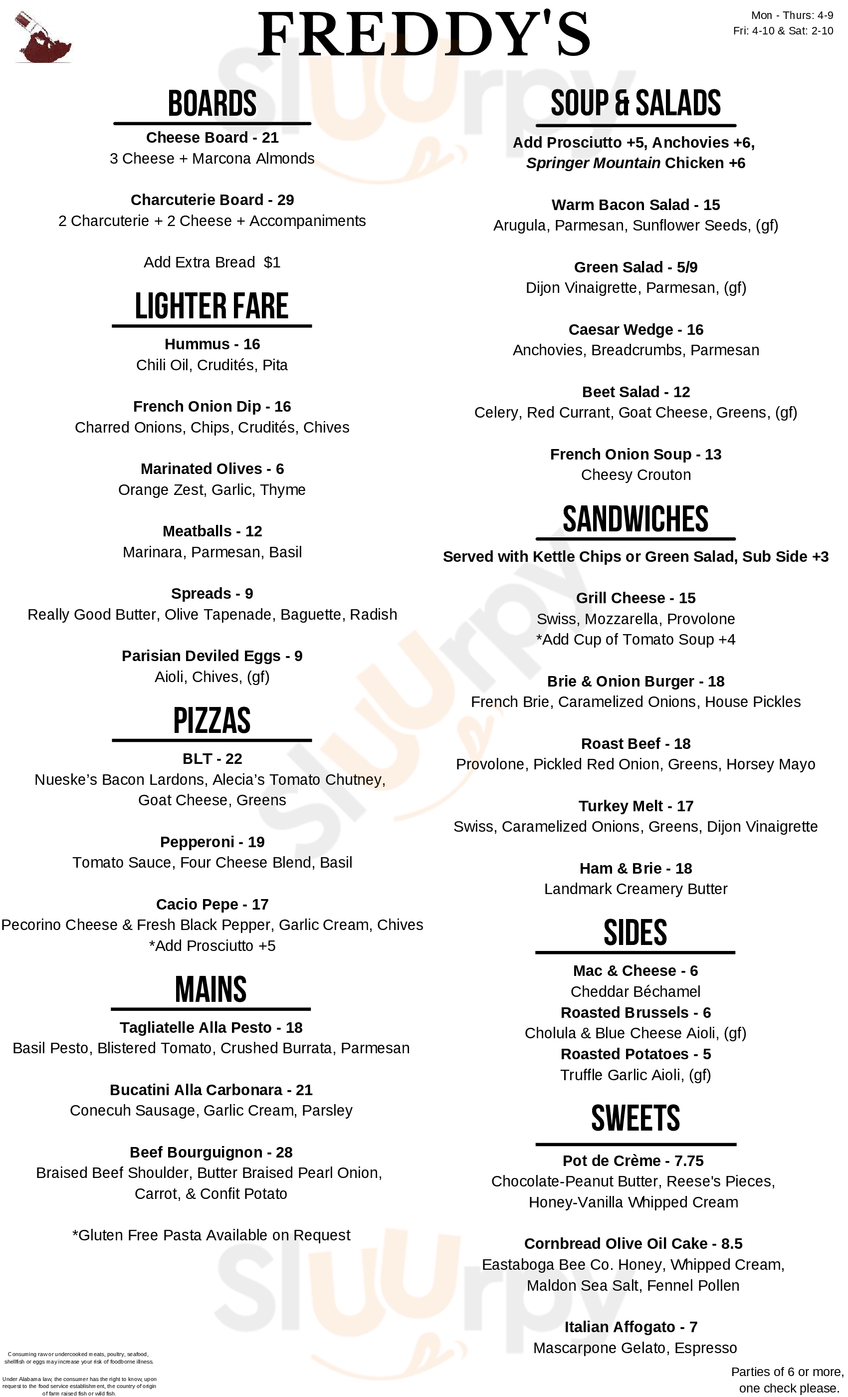 Main Menu - Freddy's Wine Bar