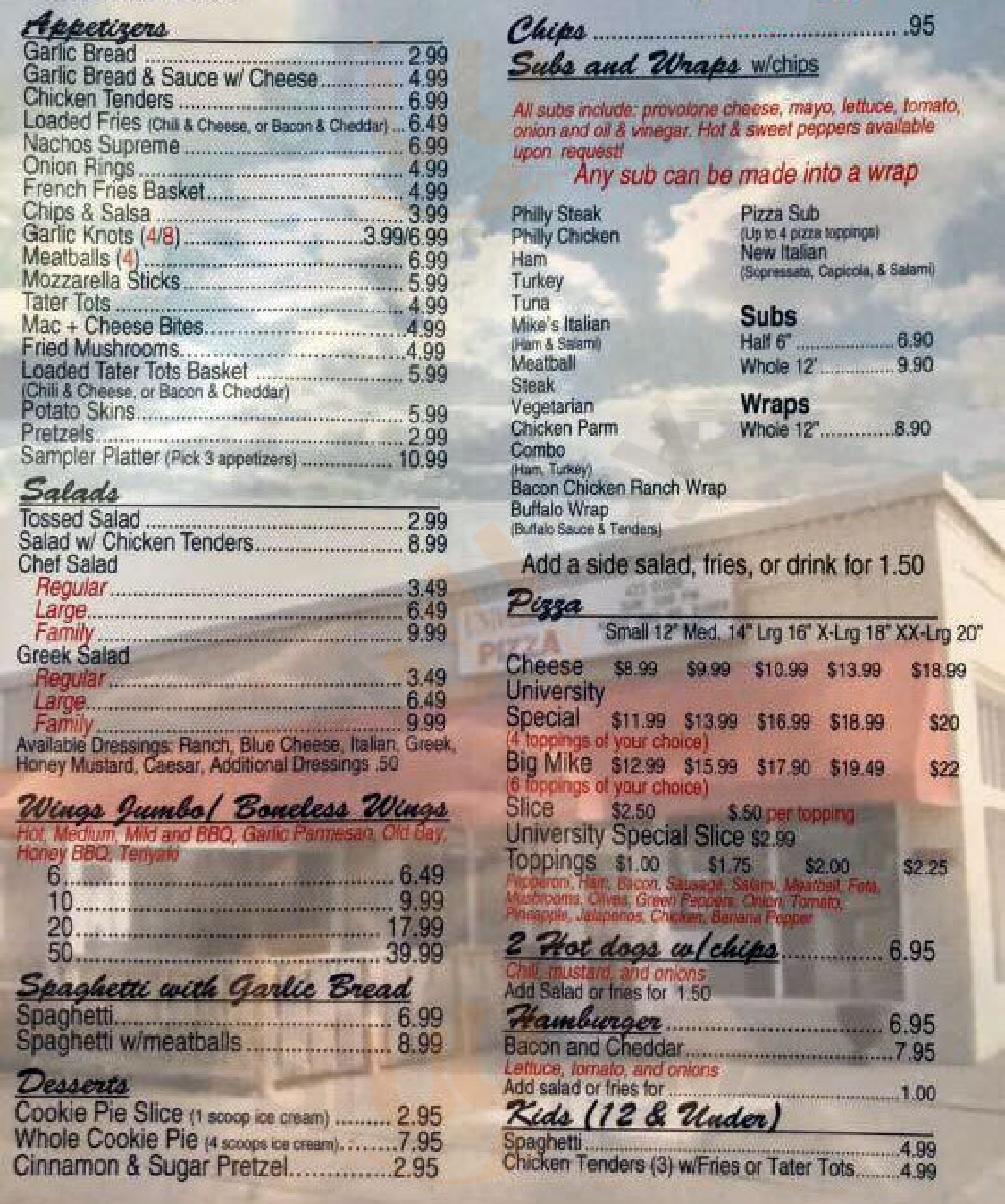 Main Menu - University Pizza