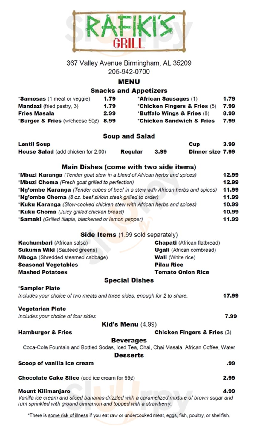 Rafiki's Birmingham Menu - 1