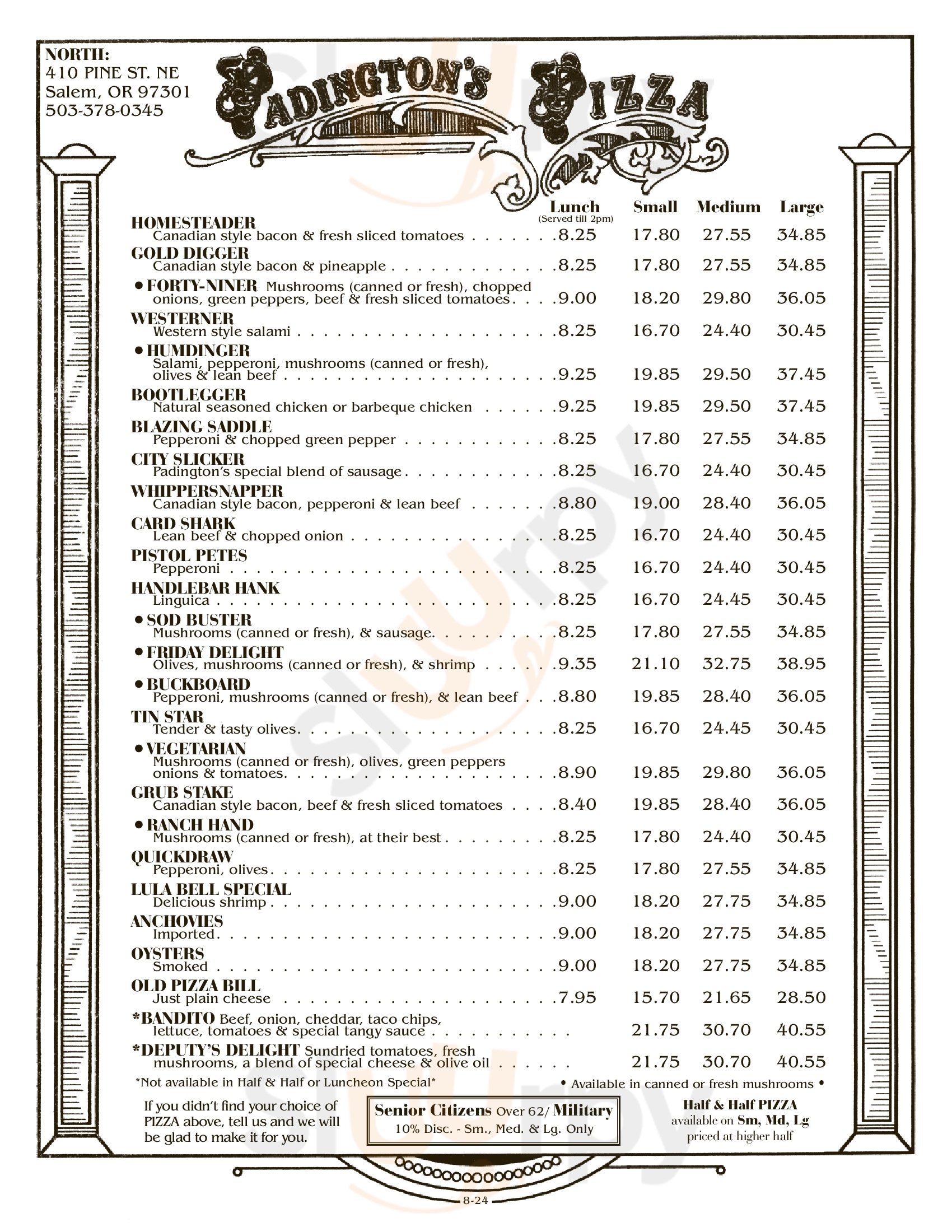 Main Menu - Padington's Pizza