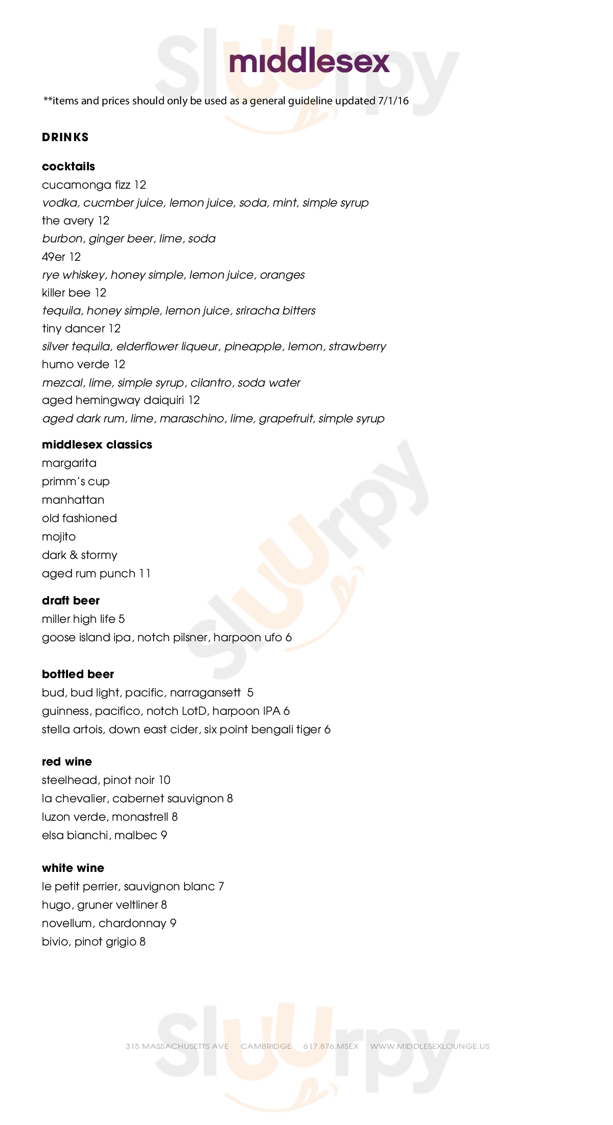 Main Menu - Middlesex Lounge