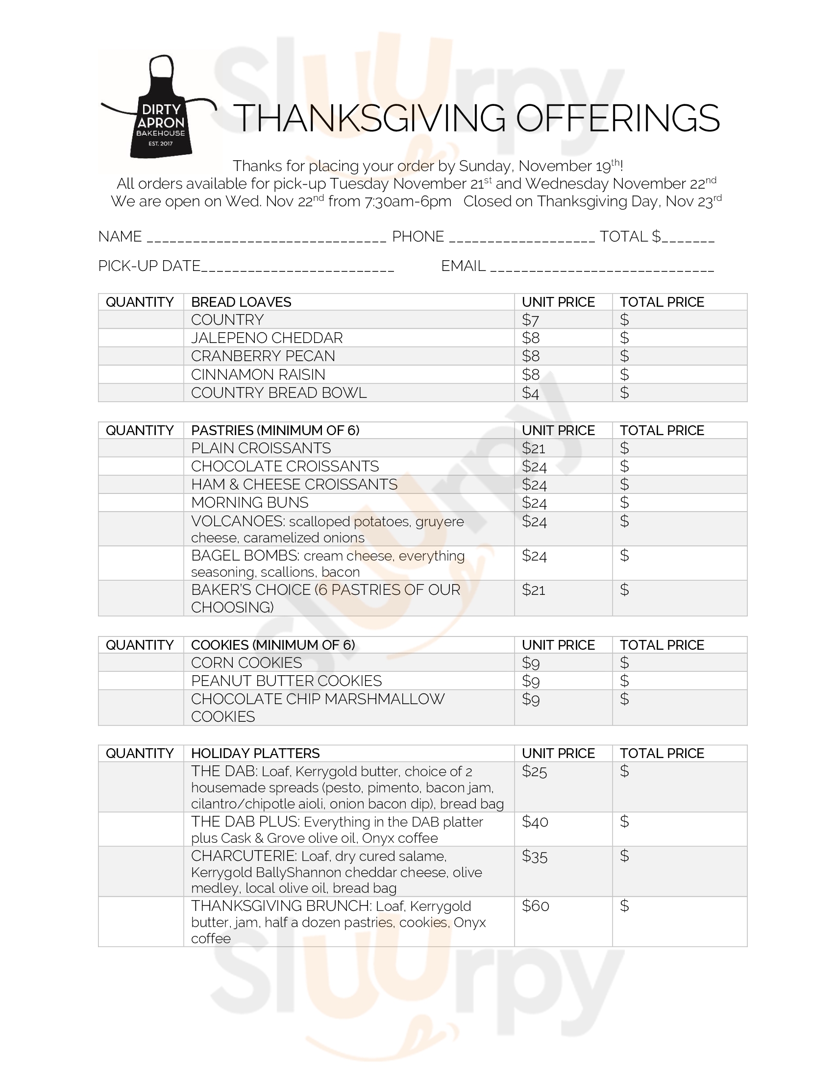 Main Menu - Dirty Apron Bakehouse